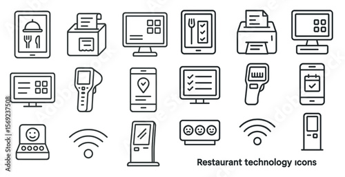 Restaurant technology icons are shown in a line drawing style. The icons include a computer monitor, a keyboard, a mouse, a cell phone, a tablet, a printer, a scanner, a credit card reader