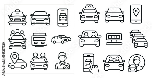 Set of car icons with a man in a suit driving a car. The icons include a taxi, a bus, and a car with a person in the driver's seat