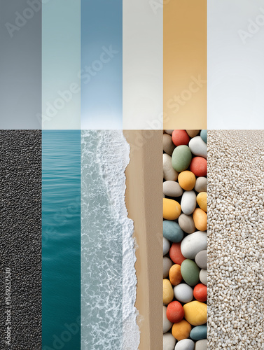 Vertical Bands of Sand, Sea and Stone Texture: Pebbled Shoreline Mood Board
