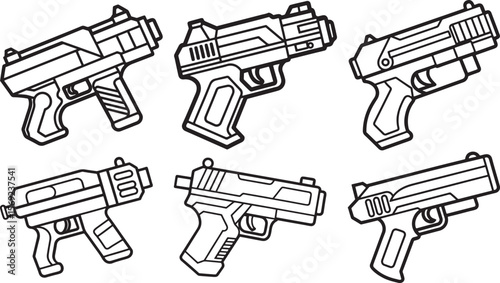 toy nerf gun line art, black outline, vector and illustration, coloring book page line art drawing