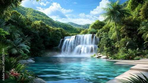 Tranquil Tropical Waterfall Scene Turquoise Pool Lush Greenery Sunny Sky