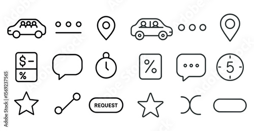 Set of icons for a car app. The icons include a car, a clock, a star, a dollar sign, a heart, a smiley face, a car with people in it, a car with a person in it