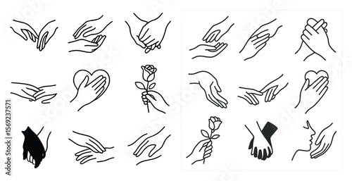 The image is a collection of hand drawings, some of which are holding hands, while others are holding flowers. Scene is one of love and connection, as the hands and flowers symbolize affection