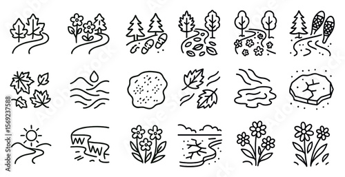 Series of black and white icons depicting various natural scenes, including a river, a forest, and a field of flowers