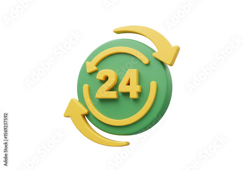 3d rendered green circle with yellow arrows indicating 24 hour service isolated on transparent background