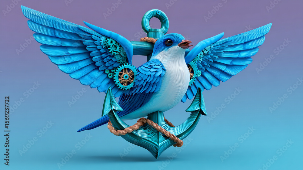 Fototapeta premium Blue Bird Perched on Anchor with Gears Nautical Steampunk Illustration