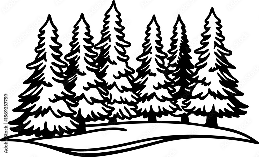 Fototapeta premium Evergreen pine trees silhouette group on hill coniferous forest landscape, hand drawn nature illustration