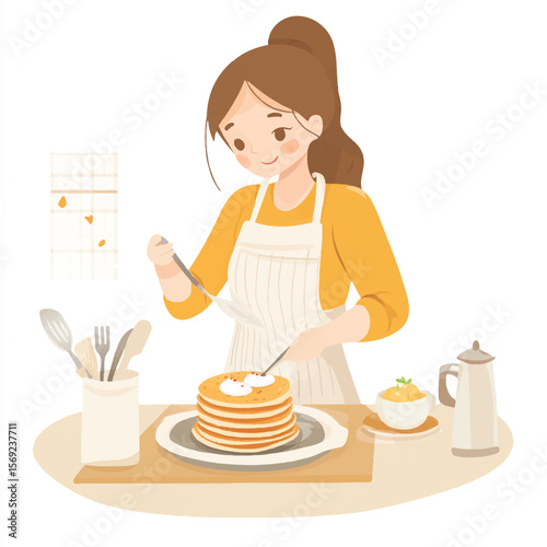 a girl cooking pancakes in kitchen