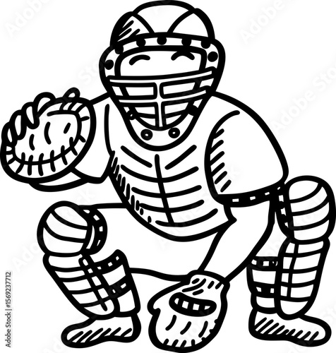 Baseball catcher crouched with mitt and helmet, protective gear, sports uniform, drawing