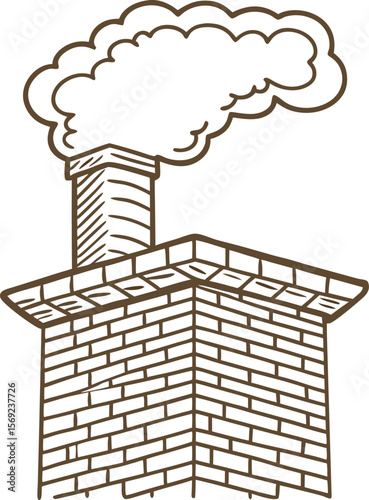 Brick chimney with smoke rising hand drawn sketch illustration, vintage roof vent and smoke concept
