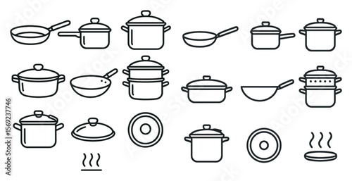 Set of pots and pans are shown in a line. The pots and pans are of various sizes and shapes