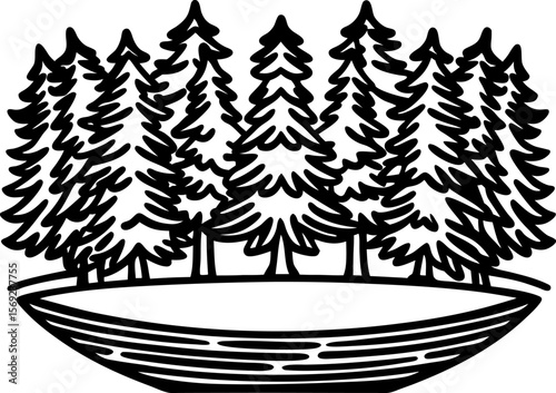 Evergreen pine tree forest with ground and water reflection hand drawn nature landscape illustration, wilderness woods