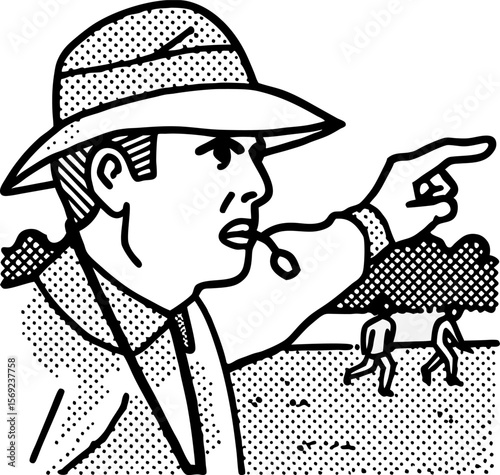Coach giving instructions during outdoor game man with whistle and hat directs players on field, leadership concept