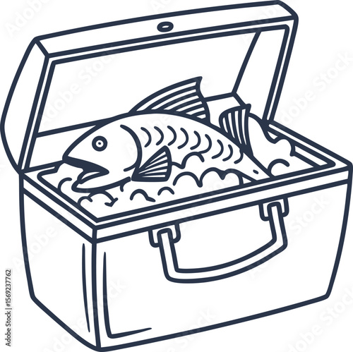 Fresh catch fish in cooler box with ice, seafood preservation, outline hand drawn illustration