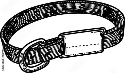Black leather belt illustration with metal buckle fashion accessory, vintage engraved style, isolated on white
