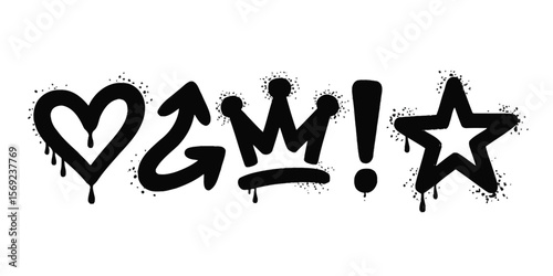 Graffiti Symbol Design – Heart, Arrow, Crowned M, Exclamation Mark, Star – Urban Street Art with Spray Paint Texture, Drips, and Minimalist Composition
