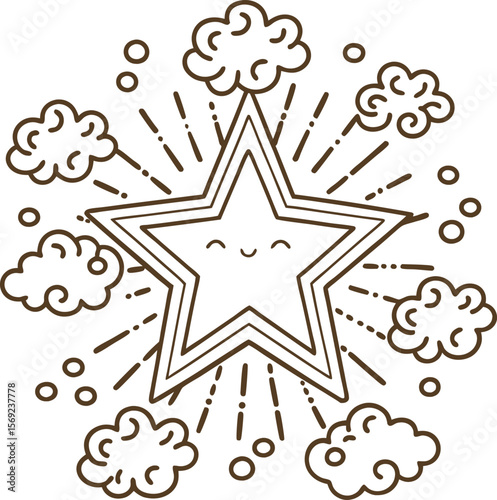 Smiling star surrounded by clouds line art illustration with happy face, childlike whimsical celestial design