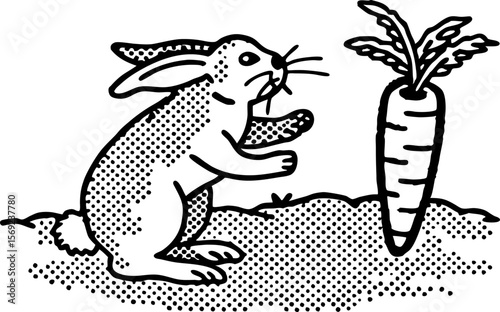 Curious rabbit reaching for carrot, vintage black and white illustration cute animal with dotted retro halftone