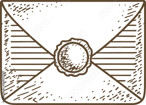 Vintage envelope with wax seal hand drawn sketch illustration of closed mail for invitations, letters, correspondence
