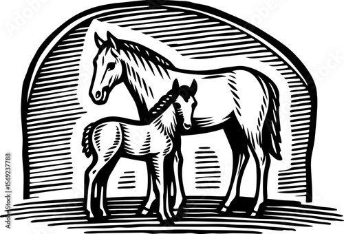 Mother horse and foal standing together, side view black and white illustration, equine family concept