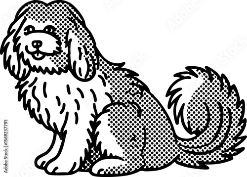 Fluffy long haired dog illustration in vintage stipple cute sitting pet with thick fur and bushy tail, black white drawing