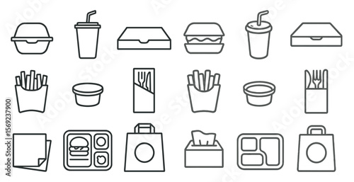 Set of food items and containers, including a box of fries, a sandwich, a cup, a fork, and a knife