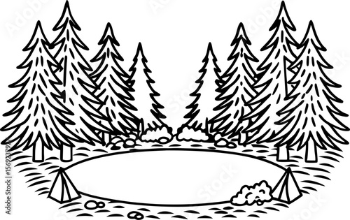 forest lake surrounded by evergreen pine trees nature landscape illustration with campsite and bushes