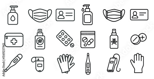 Collection of medical supplies and items. The items include a bottle of hand sanitizer, a bottle of hand lotion, a bottle of hand soap, a bottle of cough syrup, a bottle of pills