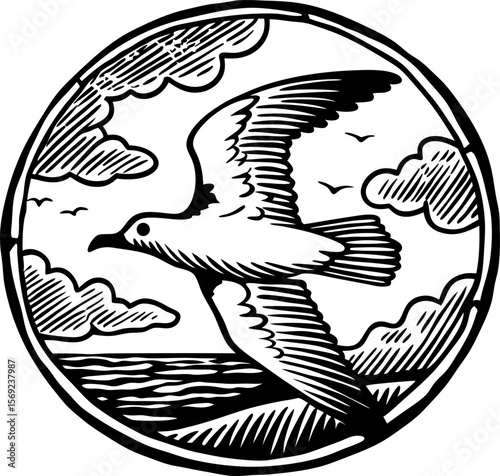 Seagull flying above ocean with clouds and waves circular hand drawn nature illustration in black and white