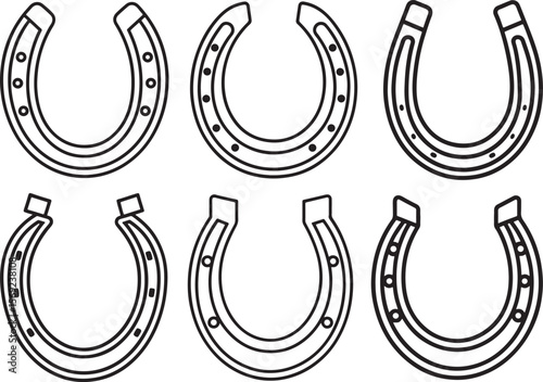 set of horseshoe line art, black outline, vector and illustration, coloring book page line art drawing