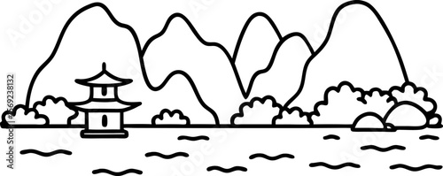 Traditional pagoda by lakeside with mountain landscape minimalist line art illustration of serene natural scene