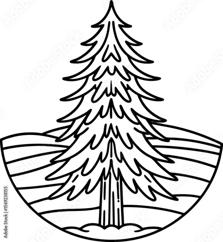 Tall evergreen tree illustration, stylized pine standing alone on curved field background, outline minimal design