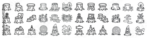 Collection of tree stump icons, including a gnome, a bottle, and a sign. Scene is whimsical and playful