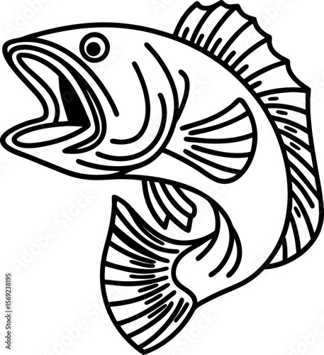 Open mouth bass illustration jumping freshwater fish outline, bold black lines, aquatic wildlife art
