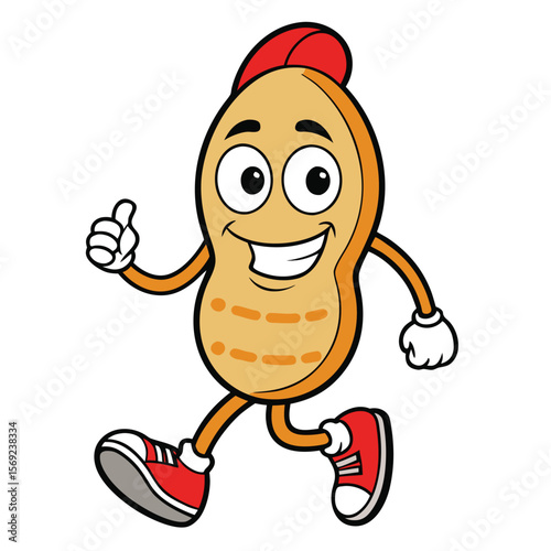 A comical peanut wearing sneakers and energetically running, a humorous and active portrayal of a snack.
