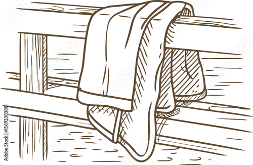 Cozy folded blanket draped over wooden fence simple hand drawn bedding, comfort and warmth, minimalist illustration