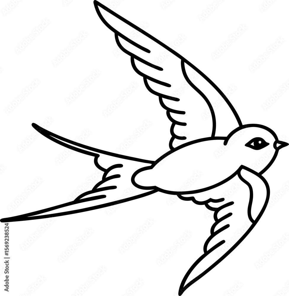 Swallow bird outline flying with open wings, minimalist black linear illustration, freedom and nature concept Swallow bird outline flying with open wings, minimalist black linear illustration, freedom and nature concept