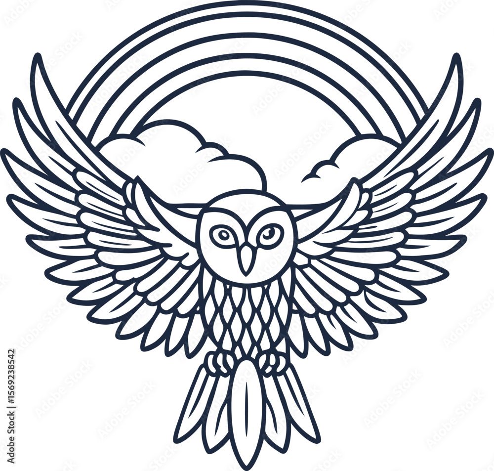 Obraz premium Flying owl with spread wings, rainbow and clouds outline majestic bird, freedom, nature and wildlife illustration