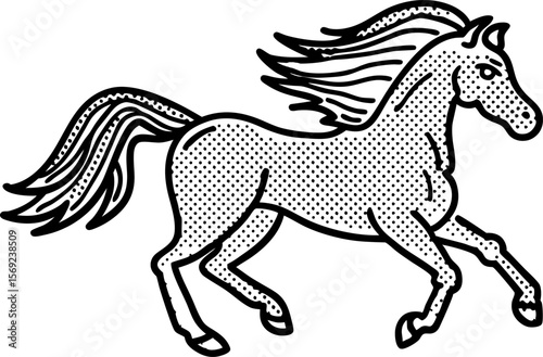 Galloping horse pop art illustration with dynamic mane black ink dots and lines, retro vintage animal drawing