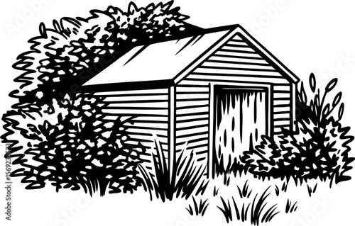 Old wooden shed surrounded by overgrown bushes and grass rustic outdoors, abandoned garden building, black and white illustration