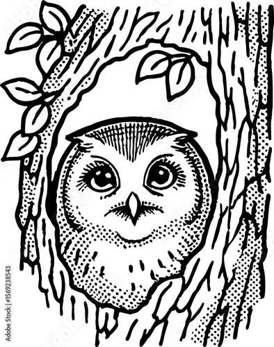 Curious owl peeking from tree hollow, detailed black and white hand drawn illustration, wildlife forest nature art