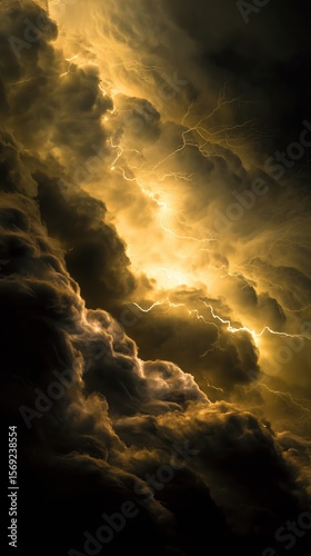 Fierce bolts of radiant golden lightning crackle across a backdrop of dark, turbulent clouds.