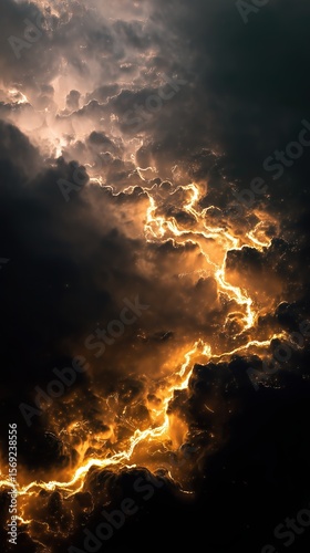 A powerful flash of golden lightning dances through dense storm clouds, casting an eerie glow.