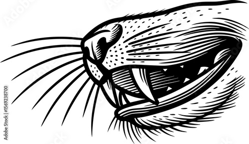 Wild cat mouth with sharp fangs and long whiskers aggressive animal illustration, side view black line art
