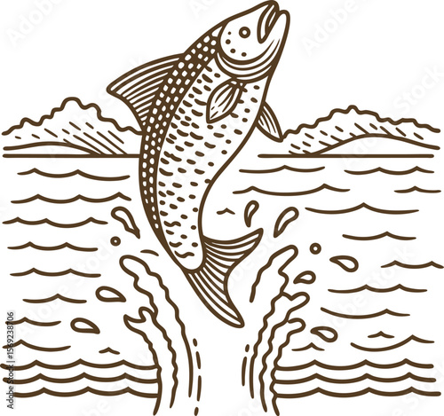 Jumping fish illustration salmon leaping from water with mountain background, nature wildlife aquatic scene