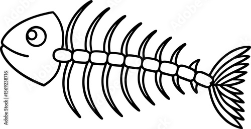 Simple fish skeleton outline minimalist black and white drawing, anatomy illustration isolated on white background