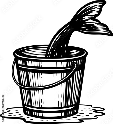 Fish tail sticking out of wooden bucket, vintage hand drawn illustration unusual object, quirky surreal concept