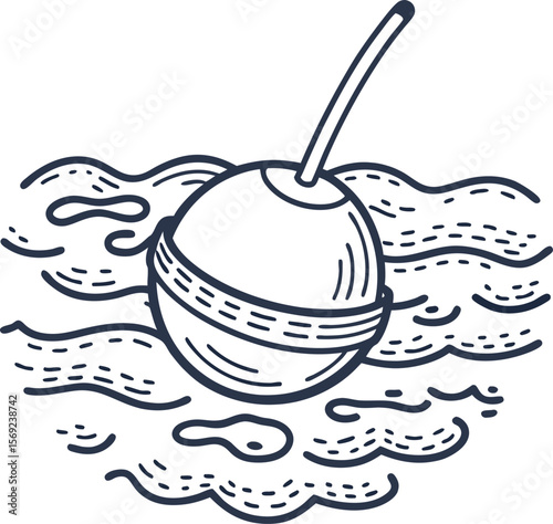 Fishing bobber floating on water surface, hand drawn illustration outdoor angling icon, river, simple sketch