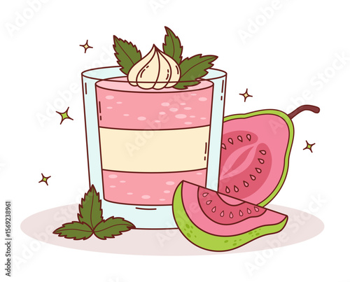 Guava Creamy sweet dessert with glass, Mint leaves and tropical Pink fruit slices. Vector Illustration. Exotic food, perfect for summer, menu design, packaging, and healthy lifestyle themes