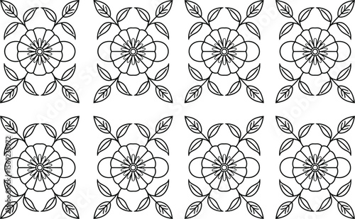Black and White Floral Pattern with Leaves and Flowers 1